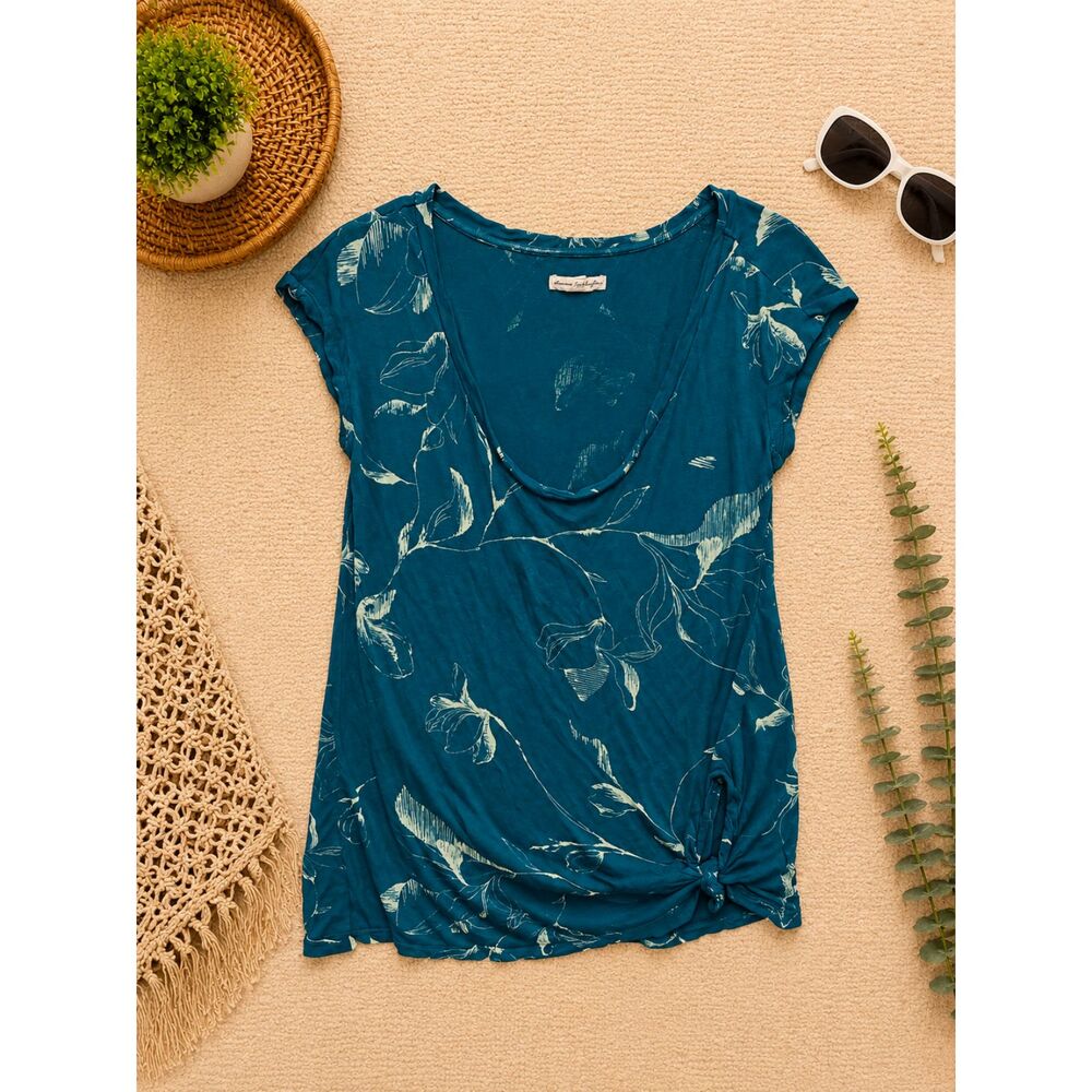 American Eagle Outfitters Teal Floral Side Knot Top Women's Medium Boho Tee